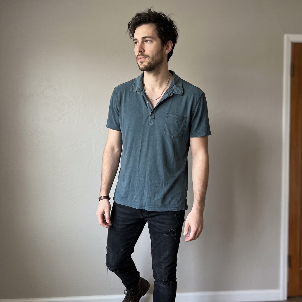 John Varvatos Mens Polo Shirt Large Teal Silk Cotton Blend Pocket Quiet Luxury